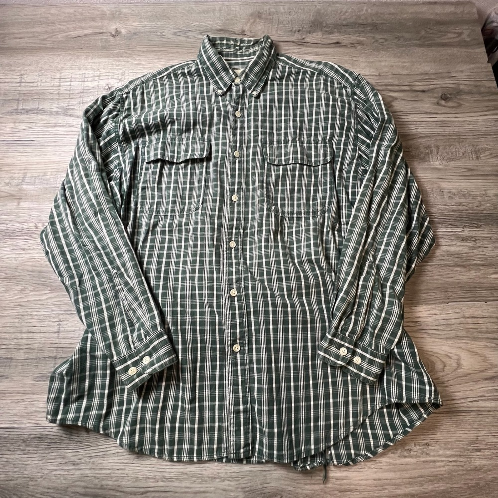 Eddie Bauer Plaid Shirt Mens Large Green White Long Sleeve Cotton Distressed 90s